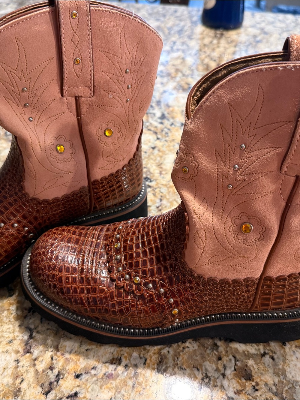 Arita Brown and Pink Embossed Fatbaby Cowgirl Boots